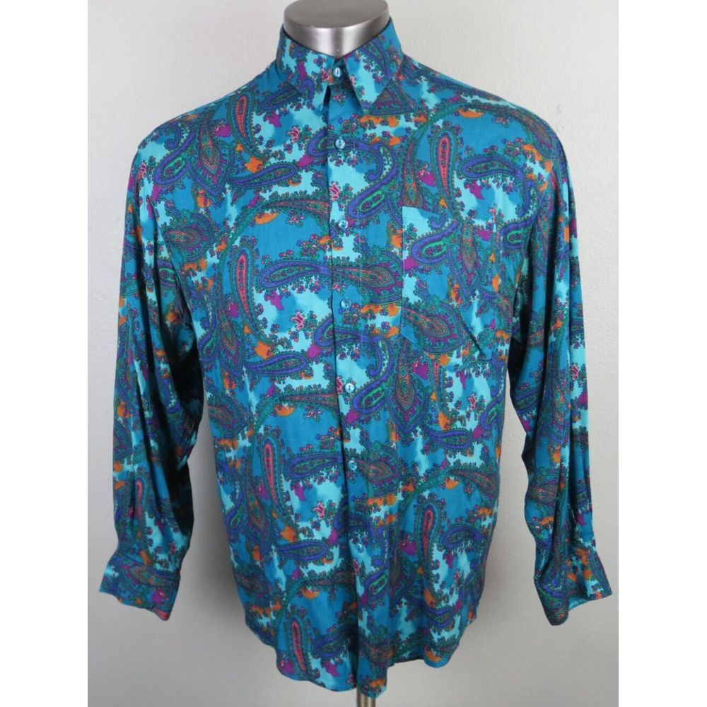 Vintage POLICY Paisley‎ Multicolor Dress Shirt Long Sleeve Button Front M Rayon